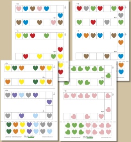 Zestaw kart pracy Sekwencje – 3 elementy (serca) w formacie PDF – kolorowe sekwencje serc i elementy do wycinania