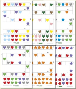Karty pracy z sekwencjami 4-elementowymi – serca, PDF do druku z elementami do wycinania