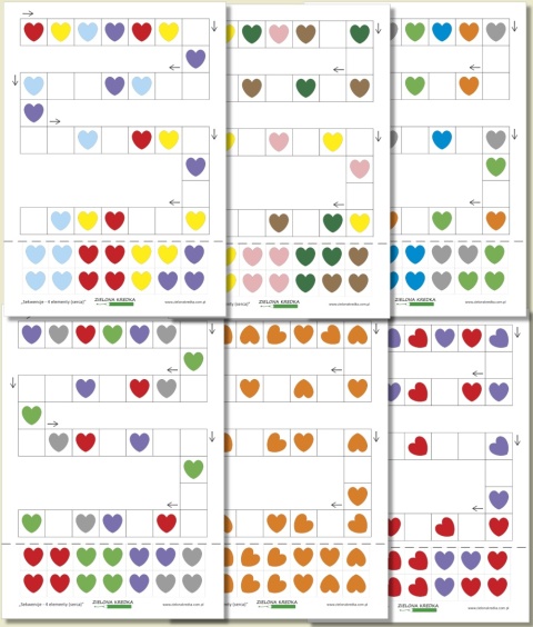 Karty pracy z sekwencjami 4-elementowymi – serca, PDF do druku z elementami do wycinania