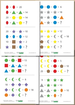 Podgląd wszystkich stron zestawu kart pracy PDF Tajemnicze figury – dodawanie i odejmowanie w zakresie 0–20 do druku