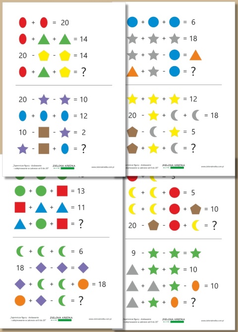 Podgląd wszystkich stron zestawu kart pracy PDF Tajemnicze figury – dodawanie i odejmowanie w zakresie 0–20 do druku