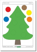 Układanka choinka do druku – strona z kolorowymi bombkami i choinką do wycięcia