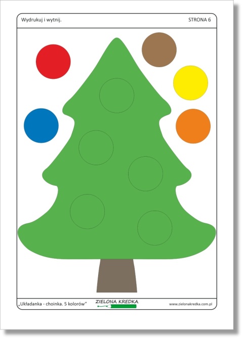 Układanka choinka do druku – strona z kolorowymi bombkami i choinką do wycięcia