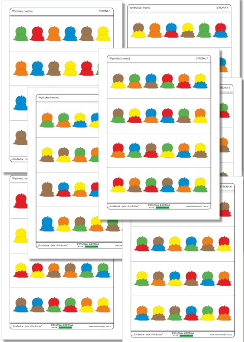 Zestaw 7 stron z kartami do odwzorowywania jeży i jabłek – 28 układów do ułożenia