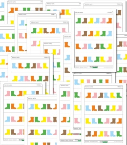 18 stron z kartami do odwzorowania kolorowych kaloszy – po 4 układy na stronie