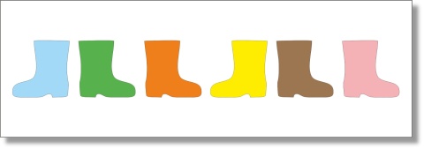 Układanka kalosze – przykładowa karta z układem kolorowych kaloszy do odwzorowania