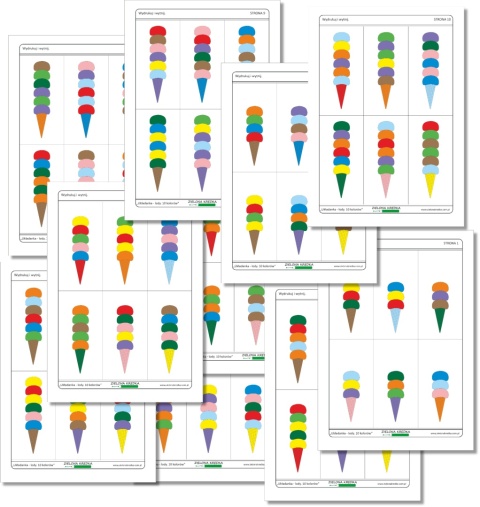 10 stron do druku z kolorowymi lodami do odwzorowania – układanka lewopółkulowa