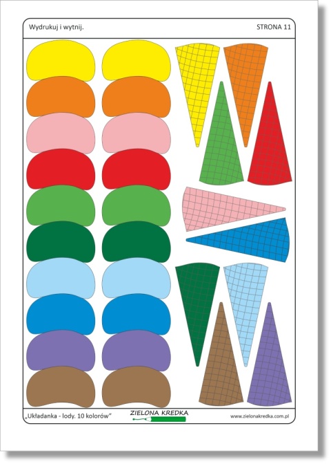 Strona z kolorowymi wafelkami i gałkami lodów do wycięcia – elementy układanki