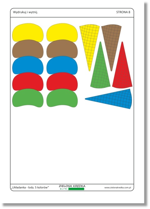 Wafelki i kolorowe gałki lodów do wycięcia – elementy układanki lewopółkulowej dla dzieci