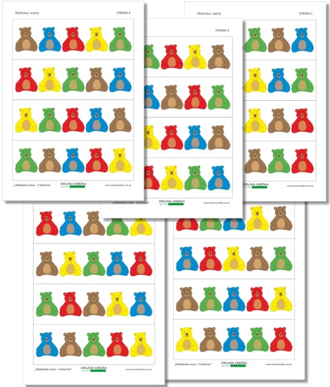 Pięć stron z zestawu „Układanka misie – 5 kolorów” zawierających wzory do odwzorowywania – po cztery układy na każdej stronie