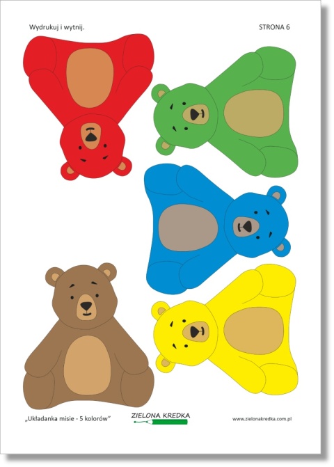 Strona z kolorowymi misiami do samodzielnego wycięcia i wykorzystania w „Układanka misie – 5 kolorów”
