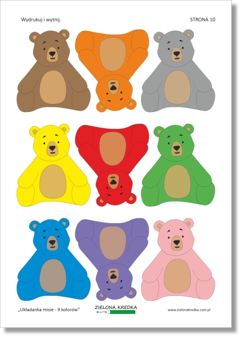 Strona z 9 kolorowymi misiami do wycięcia