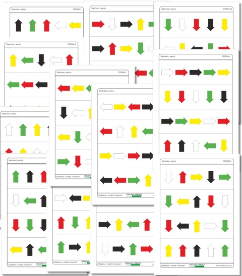 12 stron z kartami do odwzorowania kolorowych strzałek