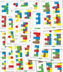 Zestaw stron z kartami do odwzorowywania zamków – różne układy do ułożenia