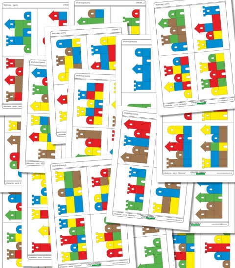 Zestaw stron z kartami do odwzorowywania zamków – różne układy do ułożenia