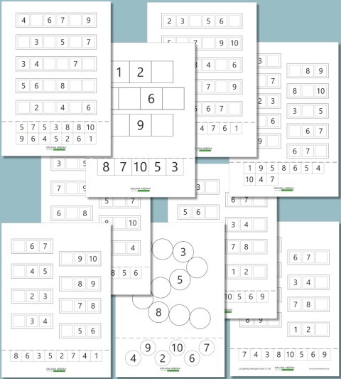 Karty pracy do druku – Uzupełnij brakujące liczby 1–10, edukacyjny zestaw PDF dla dzieci 4–6 lat