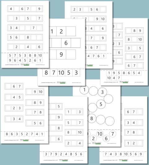 Karty pracy do druku – Uzupełnij brakujące liczby 1–10, edukacyjny zestaw PDF dla dzieci 4–6 lat