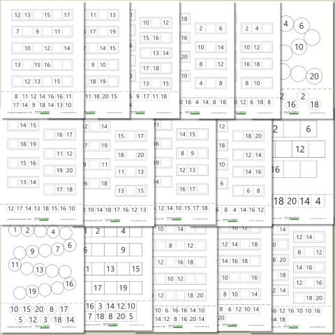 Karty pracy do druku – Uzupełnij brakujące liczby 1–20, edukacyjny zestaw PDF dla dzieci 5–7 lat
