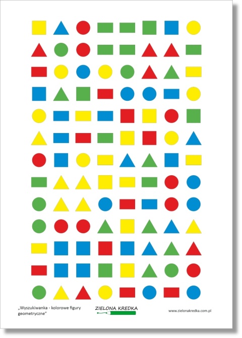 Plansza do wyszukiwania wzorów z kolorowymi figurami geometrycznymi – element zestawu Wyszukiwanka PDF do druku