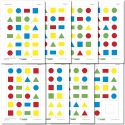 Podgląd zestawu Wyszukiwanka – kolorowe figury geometryczne, 8 stron kart z układami oraz biała ramka do wycięcia, PDF do druku