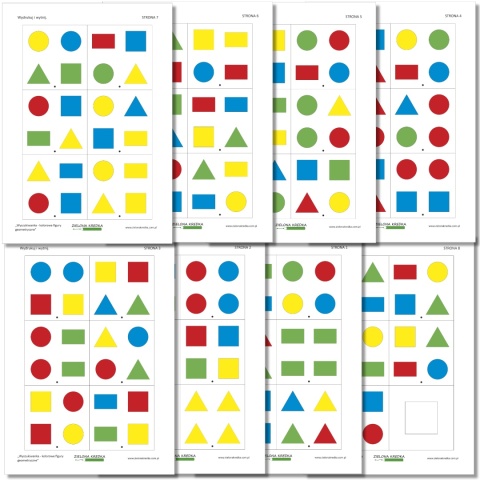 Podgląd zestawu Wyszukiwanka – kolorowe figury geometryczne, 8 stron kart z układami oraz biała ramka do wycięcia, PDF do druku