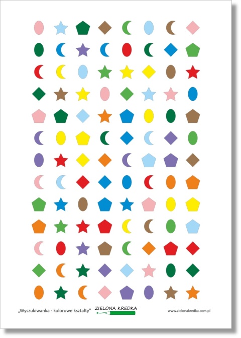 Plansza do wyszukiwania wzorów z kolorowymi kształtami – element zestawu Wyszukiwanka PDF do druku