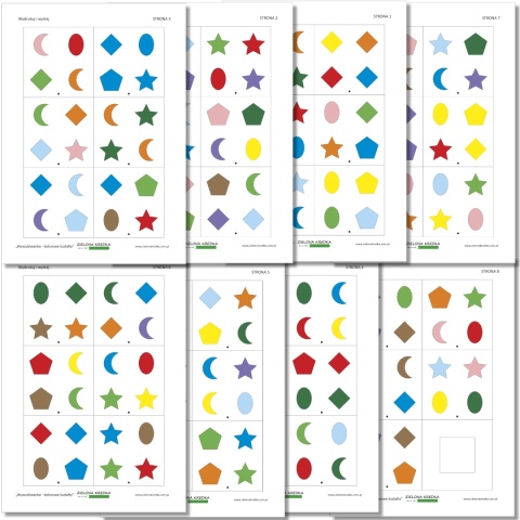 Podgląd zestawu Wyszukiwanka – kolorowe kształty, 8 stron kart z układami oraz ramka wyszukiwawcza do wycięcia, PDF do druku