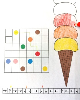 Kolorowanie gałki lodów w ćwiczeniu Zakodowane lody – kodowanie strzałkami
