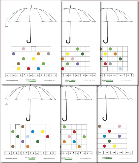 Zakodowane parasole – podgląd wszystkich stron zestawu kart pracy do druku