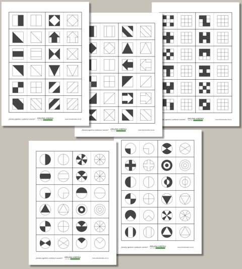 Zamaluj zgodnie z podanym wzorem – zestaw 5 stron PDF do druku dla dzieci